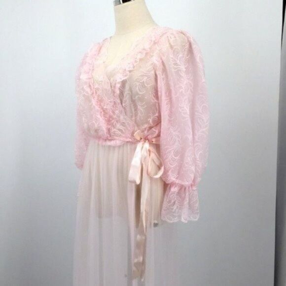 Tosca California Vintage blush pink Robe size Medium BoxD floral lace - Picture 3 of 14